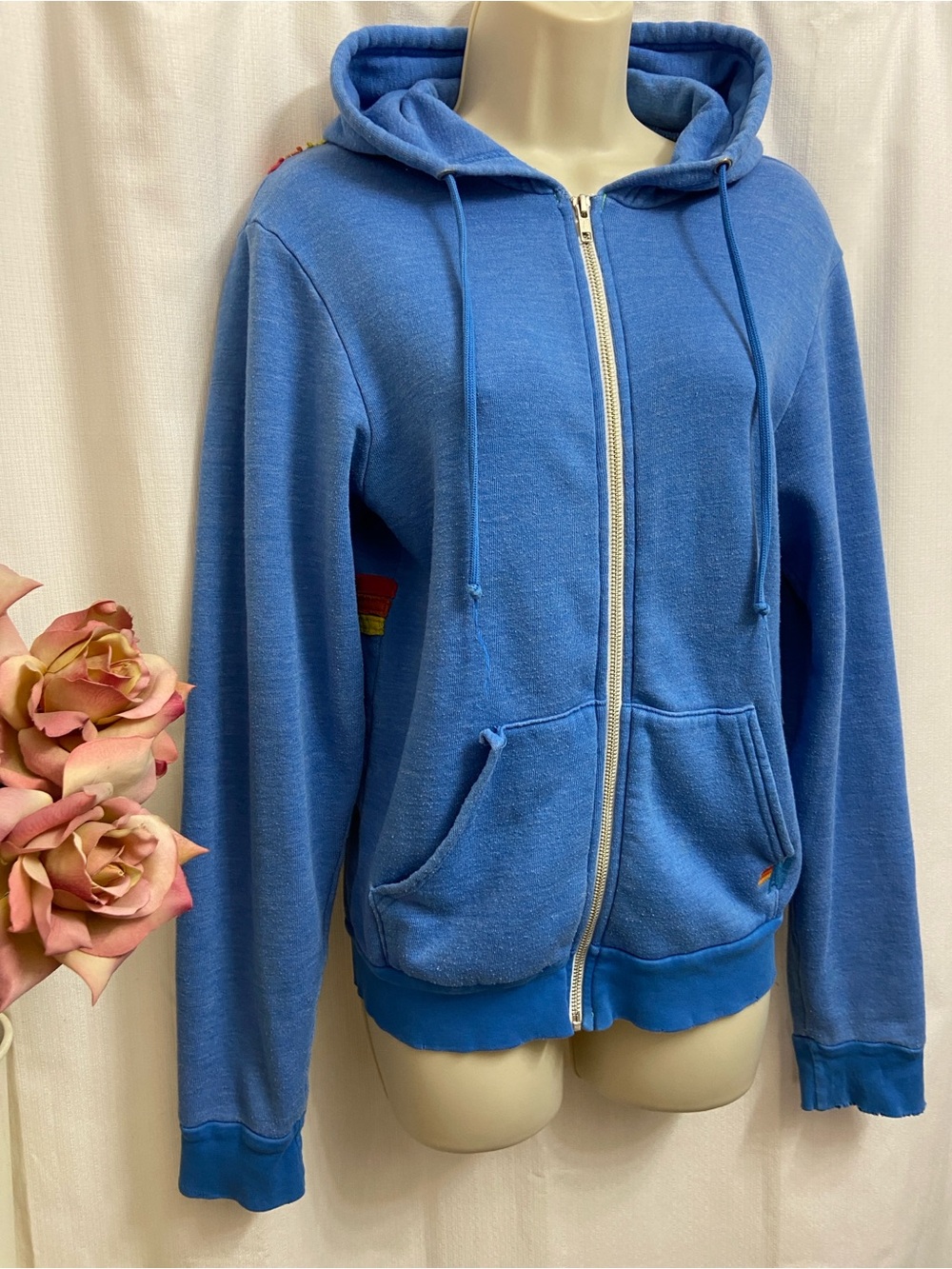 Aviator Nation Light Blue Terry Hoodie with Striped Accent